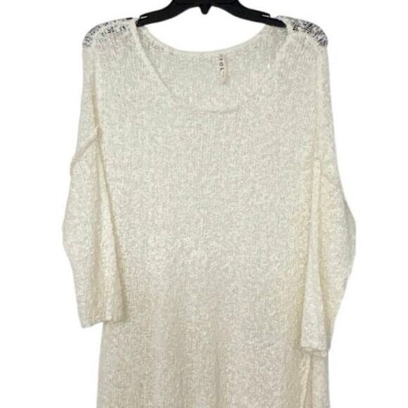 POL Cotton Blend Cream Open Knit Asymmetrical Hem Beachy Longline Tunic Top L - Picture 3 of 11